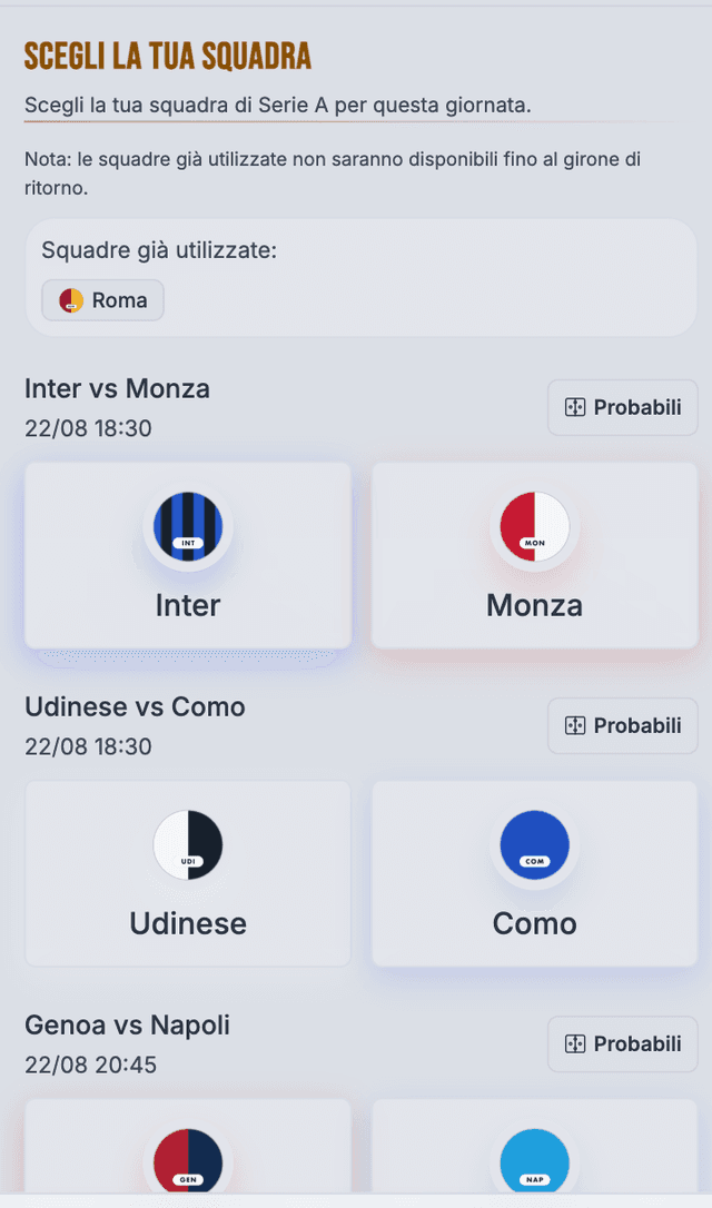Schermata "Scegli la tua squadra" con il calendario della giornata